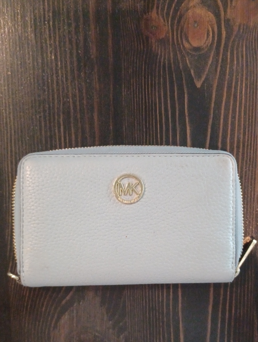 Michael Kors Powder Blue Pebbled Leather Zip-Around Wallet with Gold Logo